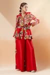 Buy_Anamika Khanna_Red Embroidered Floral Collar Peplum Top And Flared Pant Set _Online_at_Aza_Fashions