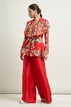 Shop_Anamika Khanna_Red Embroidered Floral Collar Peplum Top And Flared Pant Set _Online_at_Aza_Fashions