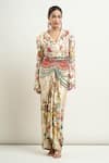 Anamika Khanna_Beige Printed Floral Notched Lapel Short Jacket And Draped Skirt Set _Online_at_Aza_Fashions