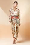 Buy_Anamika Khanna_Beige Printed Floral Notched Lapel Short Jacket And Draped Skirt Set _Online_at_Aza_Fashions