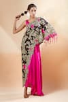 Buy_Anamika Khanna_Pink Embroidered Floral Cape One Shoulder And Draped Skirt Set _at_Aza_Fashions