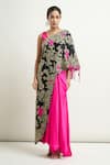 Anamika Khanna_Pink Embroidered Floral Cape One Shoulder And Draped Skirt Set _at_Aza_Fashions