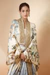 Shop_Anamika Khanna_White Printed Blooming Flower V Neck Cape And Draped Skirt Set _Online_at_Aza_Fashions