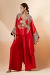 Anamika Khanna_Red Embroidered V Neck Cape And Flared Pant Set _Online_at_Aza_Fashions