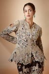 Buy_Anamika Khanna_Black Embroidered Floral Notched Peplum Jacket And Gharara Set _Online_at_Aza_Fashions