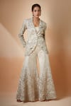 Buy_Anamika Khanna_Silver Embroidered Notched Lapel Blazer And Bell Bottom Pant Set _at_Aza_Fashions