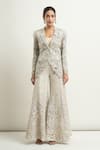 Anamika Khanna_Silver Embroidered Notched Lapel Blazer And Bell Bottom Pant Set _Online_at_Aza_Fashions