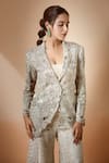 Anamika Khanna_Silver Embroidered Notched Lapel Blazer And Bell Bottom Pant Set _at_Aza_Fashions