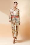 Buy_Anamika Khanna_Beige Printed Floral Notched Lapel Short Jacket And Draped Skirt Set _at_Aza_Fashions