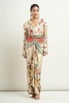 Anamika Khanna_Beige Printed Floral Notched Lapel Short Jacket And Draped Skirt Set _Online_at_Aza_Fashions