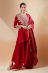 Buy_Mrunalini Rao_Red Embroidered Floral Scalloped V Kurta Palazzo Set _at_Aza_Fashions