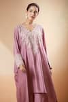 Shop_Mrunalini Rao_Pink Embroidered Floral Scalloped V Kurta And Pant Set _Online_at_Aza_Fashions