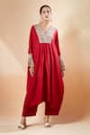 Buy_Mrunalini Rao_Red Embroidered Zardozi Scalloped V Kaftan And Pant Set _at_Aza_Fashions