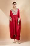 Shop_Mrunalini Rao_Red Embroidered Zardozi Scalloped V Kaftan And Pant Set 