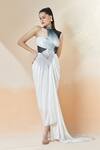 Buy_Amit Aggarwal_White Chiffon High Neck Pleated Structured Draped Gown _Online_at_Aza_Fashions