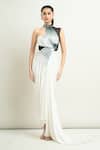 Shop_Amit Aggarwal_White Chiffon High Neck Pleated Structured Draped Gown _at_Aza_Fashions