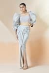 Buy_Amit Aggarwal_Silver 3d Structures Square Sleeve Blouse And Draped Skirt Set _at_Aza_Fashions