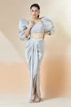 Shop_Amit Aggarwal_Silver 3d Structures Square Sleeve Blouse And Draped Skirt Set _Online_at_Aza_Fashions