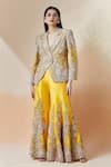 Buy_Anamika Khanna_Yellow Embroidery Floral Notched Lapel Zardozi Blazer Sharara Set _at_Aza_Fashions