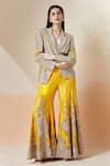 Shop_Anamika Khanna_Yellow Embroidery Floral Notched Lapel Zardozi Blazer Sharara Set _at_Aza_Fashions