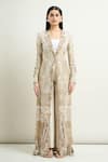 Anamika Khanna_Off White Embroidery Beads Notched Lapel Long Jacket And Pant Set _Online_at_Aza_Fashions