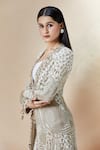 Anamika Khanna_Off White Embroidery Beads Notched Lapel Long Jacket And Pant Set _at_Aza_Fashions