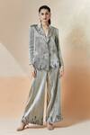 Buy_Anamika Khanna_Silver Peak Lapel Metallic Frayed Blazer And Pant Set 