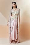 Buy_Anamika Khanna_Pink Embroidery 3d Scoop Cape And Draped Tunic Set _at_Aza_Fashions