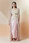 Buy_Anamika Khanna_Pink Embroidery 3d Scoop Cape And Draped Tunic Set 