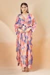 Buy_Archana Shah_Blue Printed Floral V Neck Moroccan Shimmer Kaftan _at_Aza_Fashions