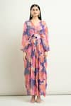 Archana Shah_Blue Printed Floral V Neck Moroccan Shimmer Kaftan _Online_at_Aza_Fashions