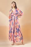 Archana Shah_Blue Printed Floral V Neck Moroccan Shimmer Kaftan _at_Aza_Fashions