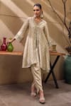 Buy_Mustard Moon by Neyha and Vrinda_Beige Kurta Chanderi Silk Embroidered Lace V Neck And Tulip Pant Set _at_Aza_Fashions