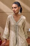 Mustard Moon by Neyha and Vrinda_Beige Kurta Chanderi Silk Embroidered Lace V Neck And Tulip Pant Set _at_Aza_Fashions