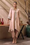 Buy_Mustard Moon by Neyha and Vrinda_Pink Kurta Chanderi Silk Embroidered Lace V Neck And Tulip Pant Set _at_Aza_Fashions