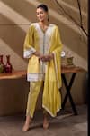 Buy_Mustard Moon by Neyha and Vrinda_Yellow Kurta And Tulip Pant Cotton Embroidered Bead V Broderie Anglais Set _at_Aza_Fashions