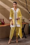 Mustard Moon by Neyha and Vrinda_Yellow Kurta And Tulip Pant Cotton Embroidered Bead V Broderie Anglais Set _at_Aza_Fashions