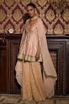 Buy_Mustard Moon by Neyha and Vrinda_Peach Dupatta Georgette Embroidered Sequin V Neck Work Peplum Tunic Sharara Set _Online_at_Aza_Fashions