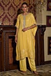 Buy_Mustard Moon by Neyha and Vrinda_Yellow Kaftan Georgette Embroidered Mirror Round Work And Pant Set _at_Aza_Fashions