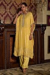 Mustard Moon by Neyha and Vrinda_Yellow Kaftan Georgette Embroidered Mirror Round Work And Pant Set _Online_at_Aza_Fashions