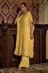 Shop_Mustard Moon by Neyha and Vrinda_Yellow Kaftan Georgette Embroidered Mirror Round Work And Pant Set _Online_at_Aza_Fashions