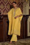 Mustard Moon by Neyha and Vrinda_Yellow Kaftan Georgette Embroidered Mirror Round Work And Pant Set _at_Aza_Fashions