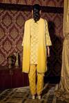 Shop_Mustard Moon by Neyha and Vrinda_Yellow Georgette Embroidered V Neck Checkered Kurta Pant Set _at_Aza_Fashions