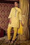 Buy_Mustard Moon by Neyha and Vrinda_Yellow Georgette Embroidered V Neck Checkered Kurta Pant Set _Online_at_Aza_Fashions