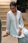 Shop_Mustard Moon by Neyha and Vrinda_Blue Dupatta Net Embroidered Lace V Sprinkled Mukaish Work Tunic Sharara Set _Online_at_Aza_Fashions