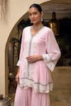 Buy_Mustard Moon by Neyha and Vrinda_Pink Dupatta Net Embroidered Lace V Neck Mukaish Work Tunic Sharara Set 