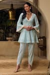 Buy_Mustard Moon by Neyha and Vrinda_Blue Cotton Embroidered Pearl V Broderie Anglais Work Tunic And Tulip Pant Set _at_Aza_Fashions