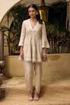 Shop_Mustard Moon by Neyha and Vrinda_Beige Cotton Embroidered Pearl V Broderie Anglais Lace Work Tunic And Pant Set _Online_at_Aza_Fashions