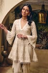 Shop_Mustard Moon by Neyha and Vrinda_Beige Cotton Embroidered Pearl V Broderie Anglais Lace Work Tunic And Pant Set 