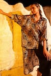 Buy_MEHER BY ISLIE_Black Summer Silk Printed Bobcat Collar Contra Shirt And Pant Set _Online_at_Aza_Fashions